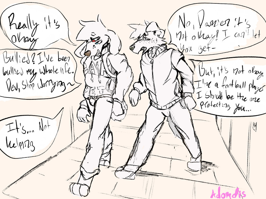 adolescent anthro clothed clothing curled_tail dialogue duo floppy_ears highschool male male/male snout speech_bubble tail text young adondis damien_(adondis) devyn_(adondis) canid canine canis dobermann domestic_dog mammal pinscher english_text hi_res sketch