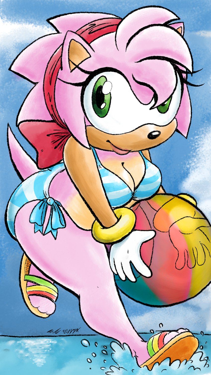 accessory anthro ball beach_ball bikini bracelet breasts cleavage clothed clothing female footwear gloves green_eyes hair_accessory hair_ribbon handwear inflatable jewelry pink_body ribbons sandals shoes sky slightly_chubby smile solo swimwear tail two-piece_swimsuit water thedjinni sega sonic_the_hedgehog_(series) amy_rose eulipotyphlan hedgehog mammal hi_res