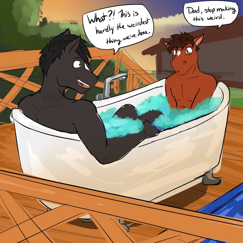 anthro awkward bathing bathing_together bathtub black_body black_hair blue_eyes brown_body brown_hair bubble_bath claw_foot_bathtub day dialogue duo hair male nude outside partially_submerged text water fuze texnatsu blake_jackson sam_jackson equid equine horse mammal 1:1 english_text hi_res father_(lore) father_and_child_(lore) father_and_son_(lore) parent_(lore) parent_and_child_(lore) parent_and_son_(lore) son_(lore)