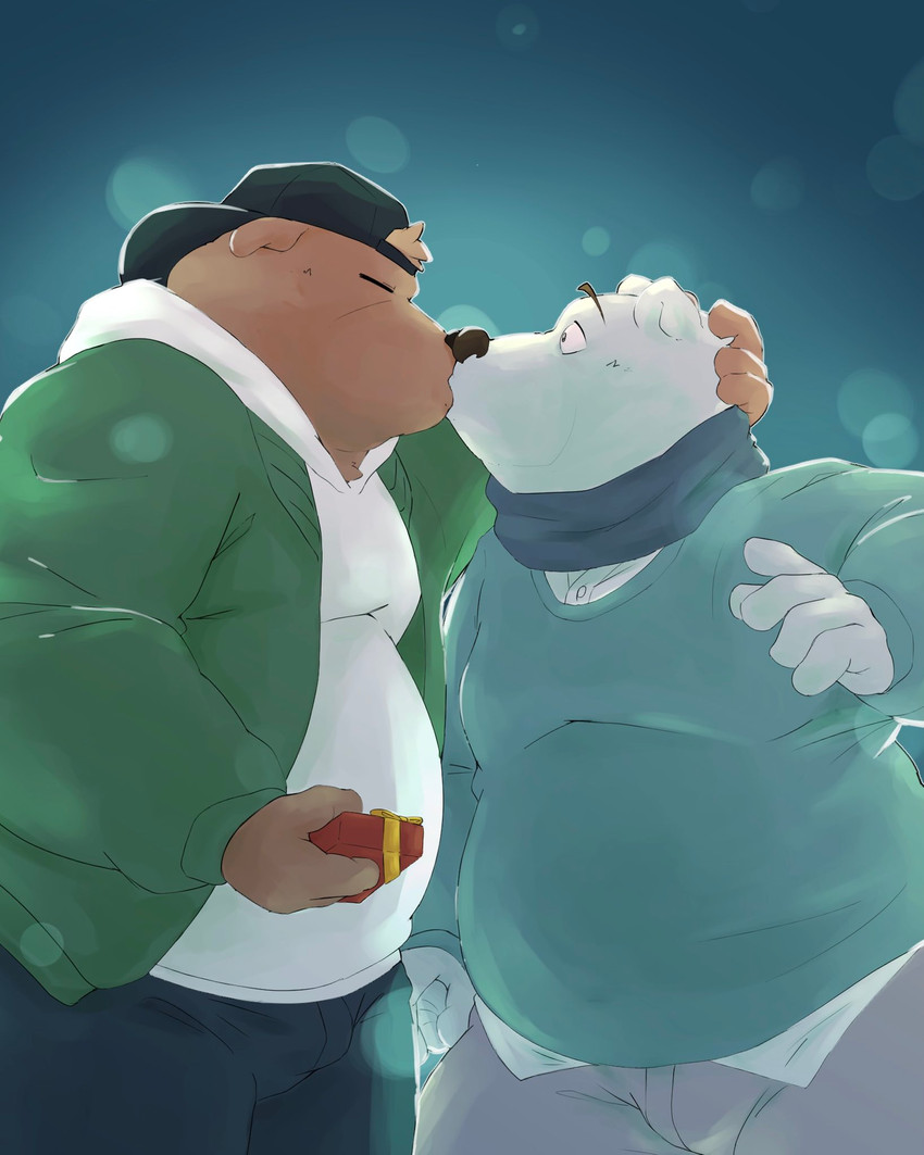 bottomwear brown_body brown_fur clothing duo eyes_closed fur hoodie kemono kissing male male/male overweight overweight_male pants sweater topwear white_body white_fur 0ottotto0 white_day bear mammal 2021 hi_res