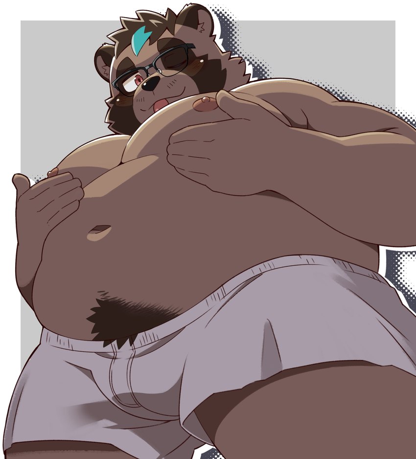 anthro belly big_belly brown_body clothing eyewear glasses kemono male moobs navel nipples one_eye_closed overweight overweight_male simple_background solo underwear wink diru11 canid canine mammal raccoon_dog tanuki 2025 absurd_res hi_res