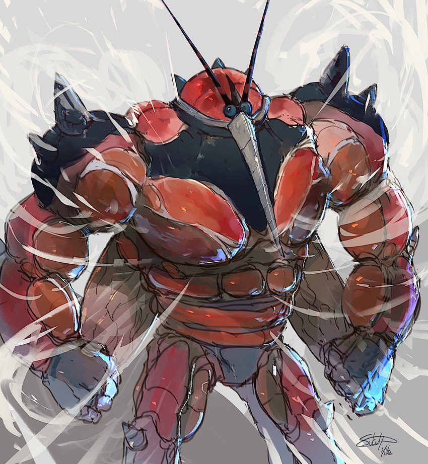 ambiguous_gender antennae_(anatomy) black_markings knee_spikes leg_spikes markings muscular red_body simple_background solo spikes spikes_(anatomy) wind sukep nintendo pokemon buzzwole generation_7_pokemon humanoid pokemon_(species) ultra_beast colored hi_res shaded