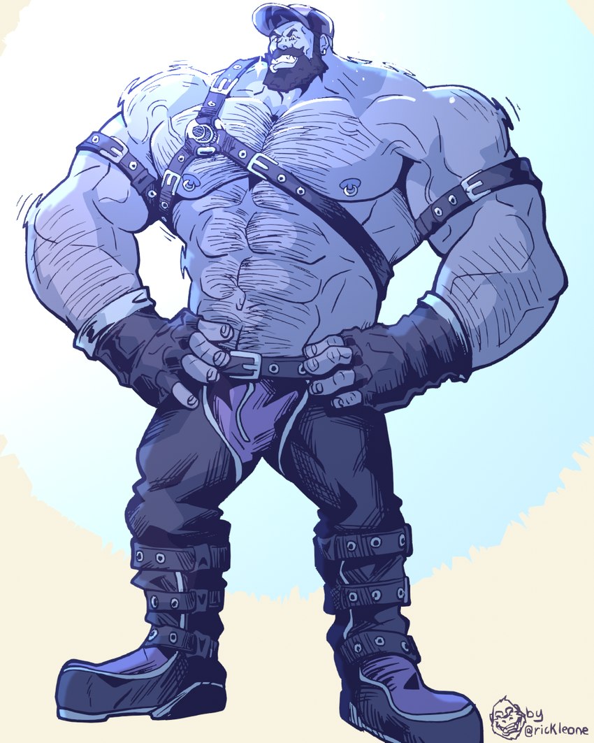 ballcap beard biceps blue_body blue_skin body_hair boots chaps chest_hair clothing facial_hair footwear growth hairy leather male muscle_growth muscular muscular_male nipples pecs shoes solo rickleone humanoid orc himbo 4:5 hi_res