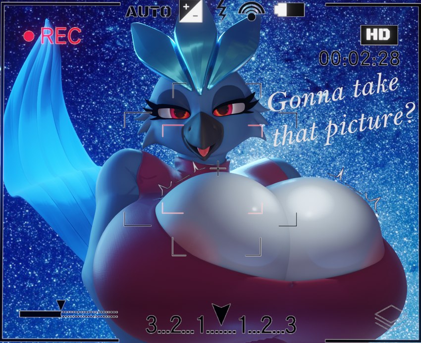 anthro big_breasts blue_body breasts camera_hud cleavage cleavage_overflow clothed clothing female huge_breasts red_eyes smile solo squish tight_clothing white_body xlkev nintendo pokemon arti_(xlkev) articuno_(morethreedee) articuno avian bird generation_1_pokemon legendary_pokemon pokemon_(species) 3d_(artwork) digital_media_(artwork)