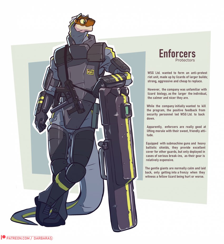 anthro armor ballistic_shield boots clothed clothing eyewear footwear glasses gloves gun handwear male orange_body patreon_logo ranged_weapon security security_guard shield shoes solo submachine_gun text weapon yellow_sclera darbaras patreon lizard reptile scalie 2022 colored english_text hi_res url