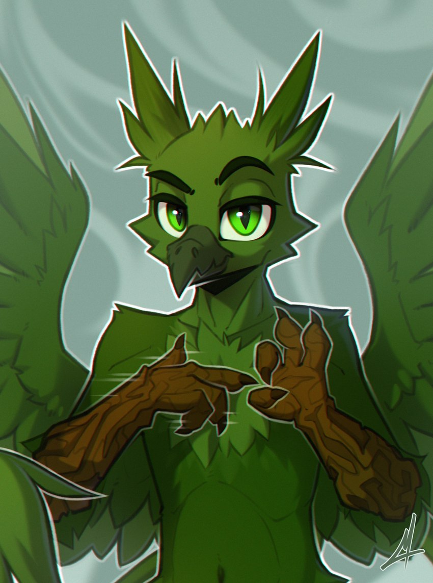 anthro beak eyebrows feathers green_body green_eyes green_feathers looking_at_viewer male raised_eyebrows simple_background solo talon_hands wings midnightflight hasbro my_little_pony mythology avian bird gryphon mythological_avian mythological_creature absurd_res digital_drawing_(artwork) digital_media_(artwork) half-length_portrait hi_res portrait signature