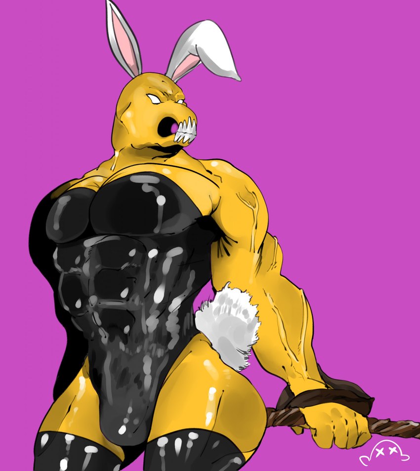 anthro big_ears bulge bunny_costume clothing costume leggings legwear male muscular muscular_male pecs pose simple_background solo tail tail_tuft tuft weapon epicbassface marvel beta_ray_bill alien korbinite hi_res pinup