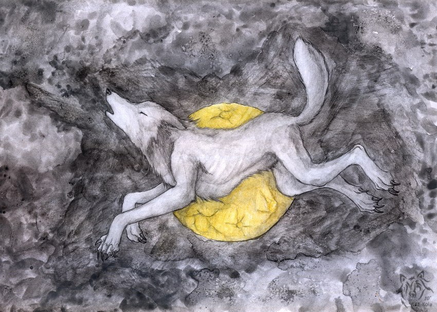 ambiguous_gender ears_back eyes_closed feral fur logo moon open_mouth pivoted_ears quadruped side_view solo white_body white_fur kola_(artist) canid canine mammal 2010 artist_logo dated traditional_media_(artwork)