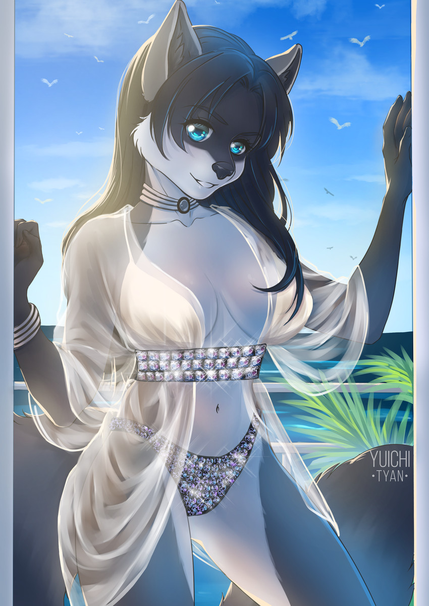 anthro beach black_hair blue_eyes breasts clothing female gem hair jewelry panties seaside solo translucent translucent_clothing underwear yuichi-tyan sila_dione mammal procyonid raccoon absurd_res hi_res