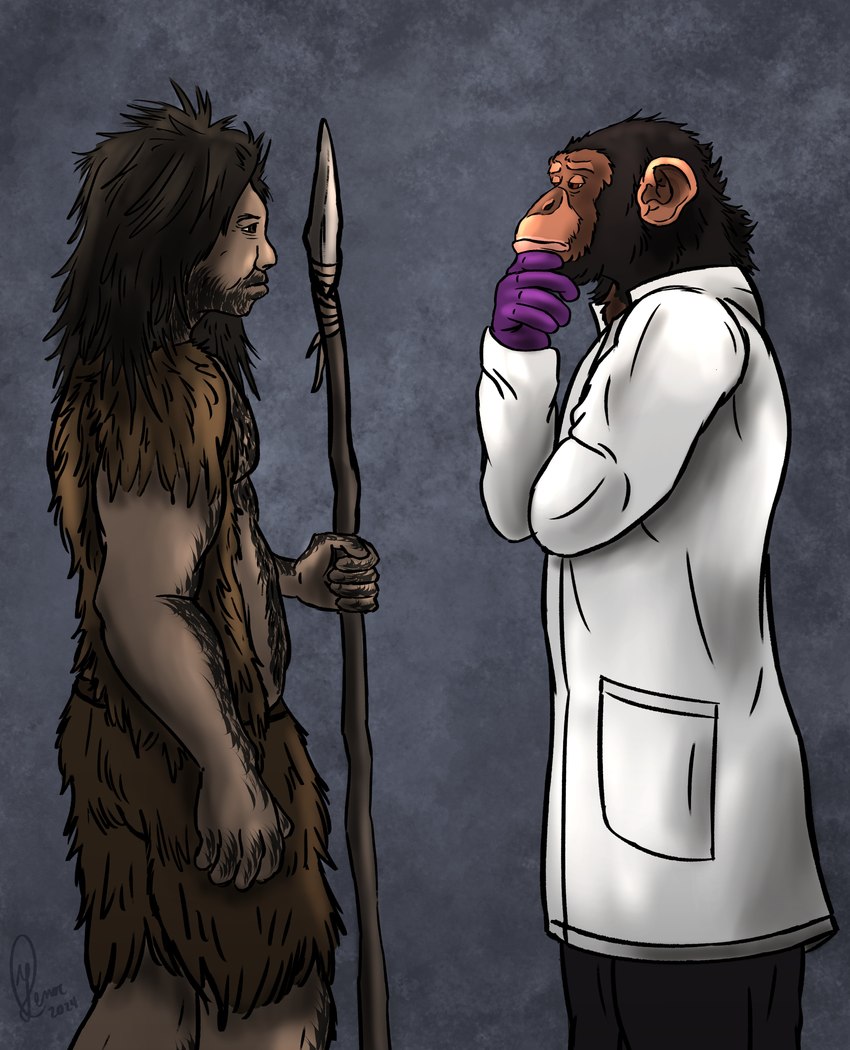 anthro antiquatember clothing coat confusion duo examination_gloves gloves hairy_face handwear lab_coat male melee_weapon polearm primitive prompt science spear time_period topwear weapon yenocwolf secrets_of_uncrom uncrom ape archaic_human chimpanzee haplorhine hominin julies mammal neanderthal pan_(genus) primate absurd_res hi_res