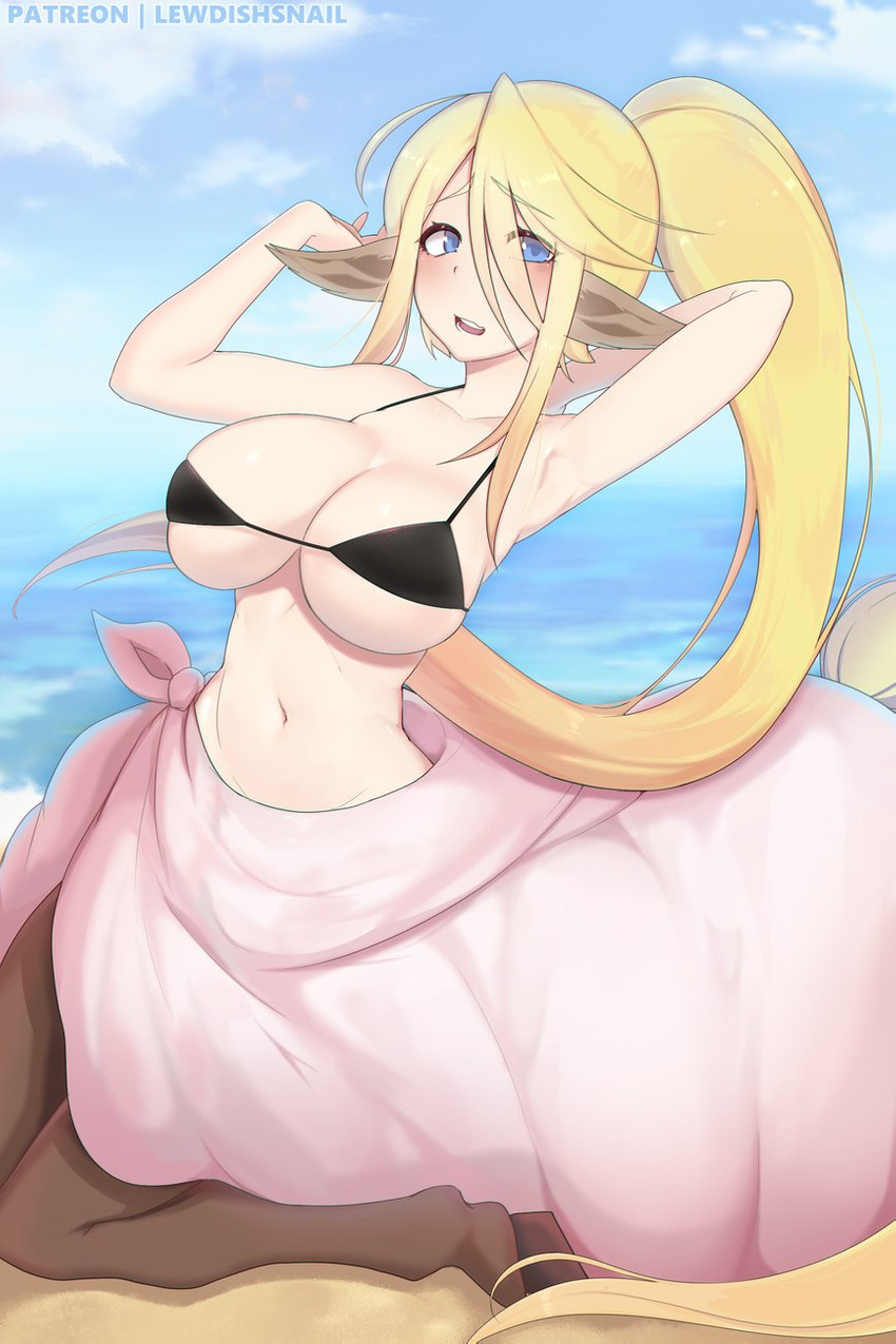 beach bikini blonde_hair blue_eyes blush breasts clothed clothing female hair humanoid_pointy_ears long_hair looking_at_viewer monster_girl_(genre) open_mouth outside pointy_ears sand seaside solo swimwear two-piece_swimsuit lewdishsnail european_mythology greek_mythology monster_musume mythology centorea_shianus_(monster_musume) centaur equid equid_taur humanoid humanoid_taur mammal mammal_taur taur hi_res