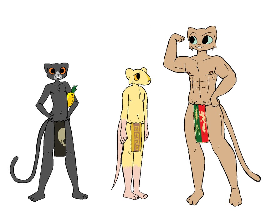 3_toes 4_fingers abs anthro areola bared_teeth barefoot biceps biped black_body black_bottomwear black_clothing black_fur black_loincloth black_nose black_tail bottomwear brown_areola brown_body brown_fur brown_nipples brown_tail cheek_tuft chest_tuft clothed clothed_anthro clothed_male clothing collarbone facial_tuft feet fingers flexing flexing_bicep food fruit fur green_bottomwear green_clothing green_loincloth green_sclera grey_areola grey_body grey_fur grey_nipples grin group happy humanoid_feet humanoid_hands larger_male loincloth loincloth_only long_tail male male_anthro manly monotone_body monotone_clothing monotone_fur multicolored_body multicolored_clothing multicolored_fur muscular muscular_anthro muscular_male navel nipples no_shading orange_nose orange_sclera pecs pineapple pink_areola pink_feet pink_hands pink_nipples pink_nose pink_tail plant plantigrade pupils quads red_bottomwear red_clothing red_loincloth simple_background size_difference skinny skinny_anthro skinny_male small_nose smaller_male smile standing tail toes topless trio tuft white_background yellow_bottomwear yellow_clothing yellow_loincloth skeletronic microsoft the_elder_scrolls carl_(skeletronic) clancy_(skeletronic) fan_character domestic_cat felid feline felis khajiit mammal murid murine rat rodent colored digital_drawing_(artwork) digital_media_(artwork) flat_colors