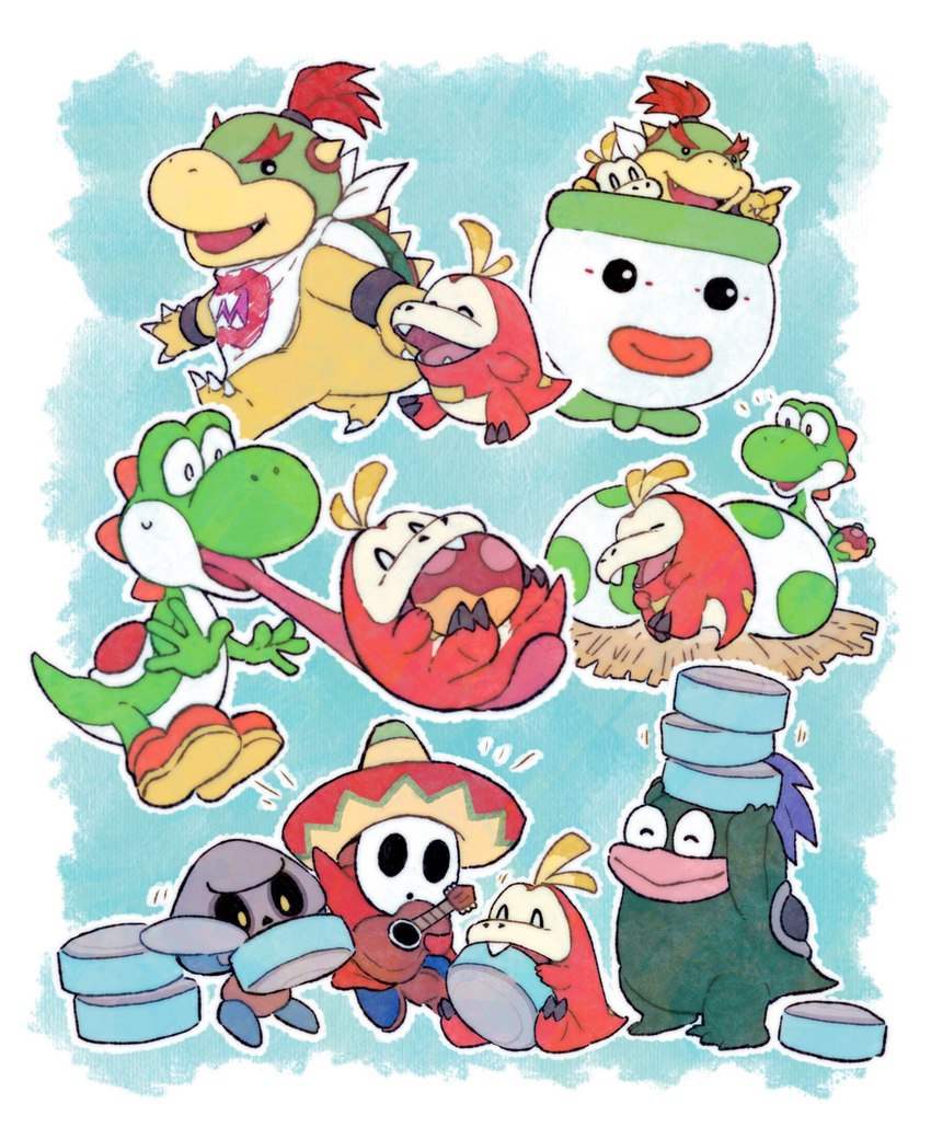 eating egg group male mask musical_instrument sleeping gari_osushi mario_bros nintendo pokemon bowser_jr. spike_(mario_bros) fuecoco generation_9_pokemon goomba green_yoshi koopa pokemon_(species) scalie shyguy yoshi crossover hi_res