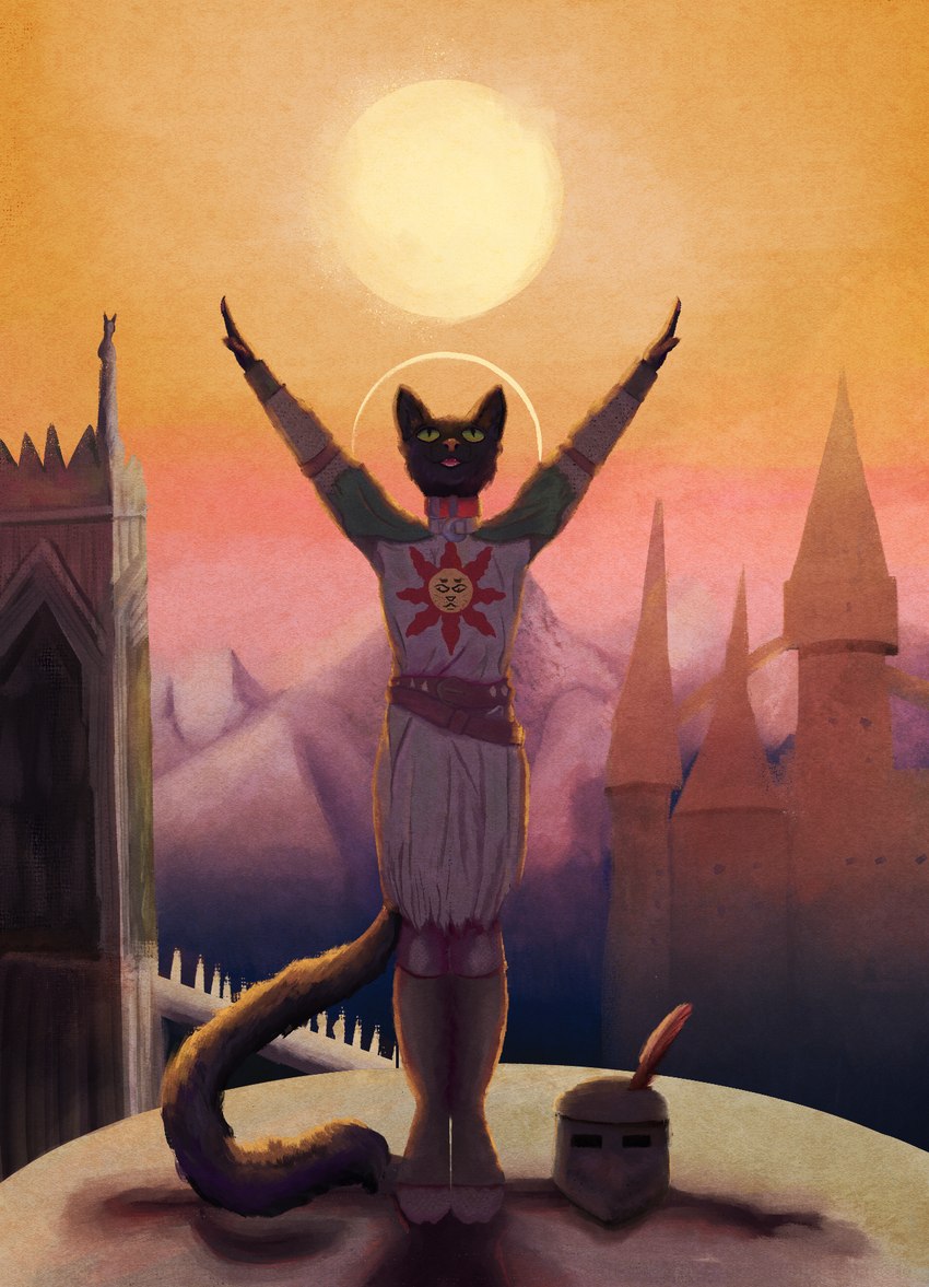 anthro armor black_body building castle cat_tail clothed clothing day detailed_background fantasy fur green_eyes headgear helmet knight male mountain open_mouth orange_sky outside pink_nose pose pupils shadow sharp_teeth sky slit_pupils solo standing sun tail teeth tongue warrior white_sclera leprzil dark_souls fromsoftware solaire_of_astora domestic_cat felid feline felis mammal 2024 digital_media_(artwork) hi_res