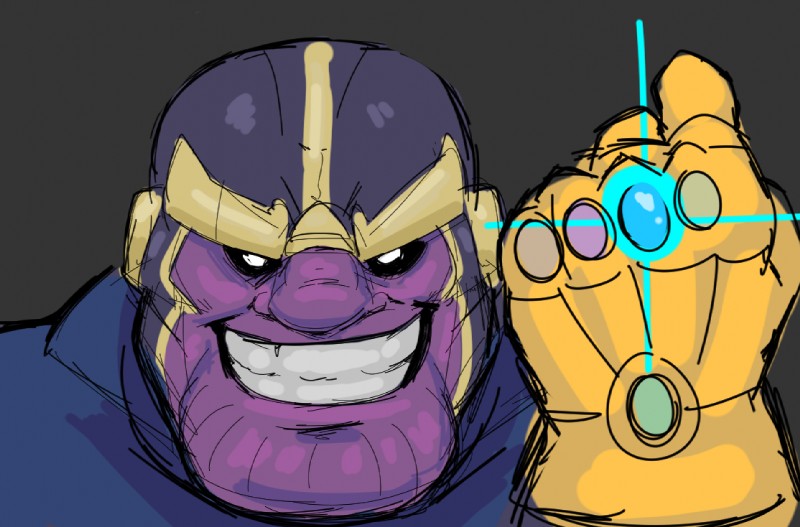 clothing gloves grin handwear infinity_gauntlet male not_furry smile solo teeth anothermeekone guardians_of_the_galaxy marvel thanos humanoid titanian