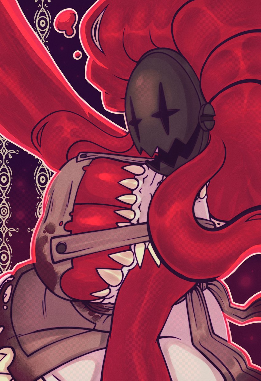 apron apron_only big_breasts blood blood_on_clothing blood_stain bodily_fluids breasts button_(fastener) chest_mouth cleavage clothed clothing collarbone eye_symbol female female_humanoid glistening glistening_blood glistening_body glistening_breasts glistening_hair hair long_hair mask metal neck_mouth not_furry outline pale_skin partially_clothed partially_clothed_female partially_clothed_humanoid pseudo_hair red_hair screw sharp_teeth solo teeth thick_thighs white_outline toxicsoul77 wheezy_(toxicsoul77) blood_creature humanoid monster monstrous_humanoid 2022 absurd_res digital_media_(artwork) hi_res