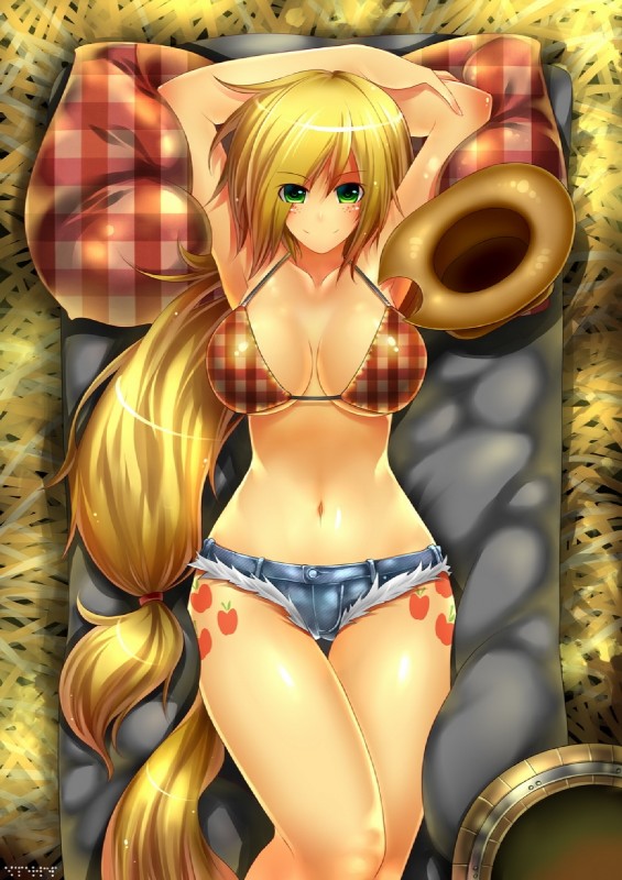 accessory alternate_species apple big_breasts bikini bikini_top blonde_hair blush bottomwear breasts cleavage clothed clothing cutie_mark denim denim_clothing detailed_background eyebrows female food freckles fruit green_eyes hair hair_accessory hairband hat headgear headwear humanoidized long_hair looking_at_viewer lying navel pillow plant shorts skimpy smile solo swimwear tail two-piece_swimsuit yellow_tail emperpep friendship_is_magic hasbro my_little_pony applejack_(mlp) animal_humanoid equid equid_humanoid equine equine_humanoid humanoid mammal mammal_humanoid 2012 archived_source digital_media_(artwork) hi_res unavailable_at_source