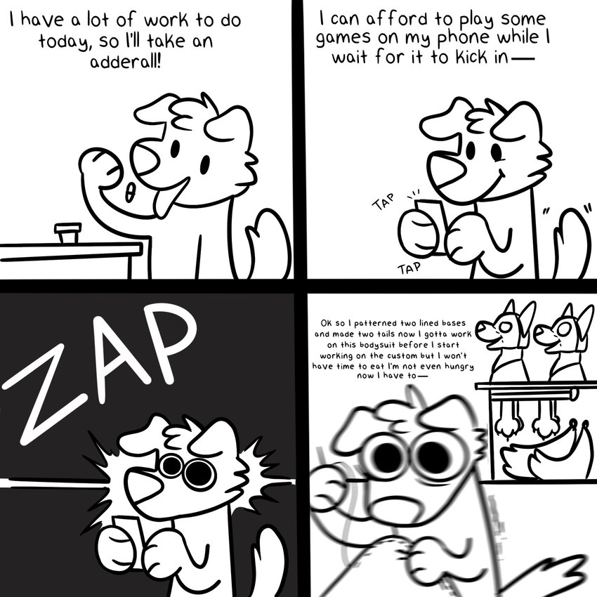 adhd anthro biped black_eyes drugs electronics floppy_ears fur fursuit_head gaming holding_object holding_phone making_fursuit male phone playing_video_game solo text white_body white_fur scoutpawfoot canid canine canis domestic_dog mammal 1:1 2024 comic digital_media_(artwork) english_text hi_res