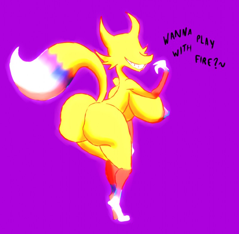 anthro big_breasts big_butt breasts butt eyeless female fur glowing multicolored_body multicolored_fur nude presenting simple_background skinny smile smirk solo text yellow_body yellow_fur cheese_cake a_hat_in_time canid canine fire_spirit_(ahit) fox mammal