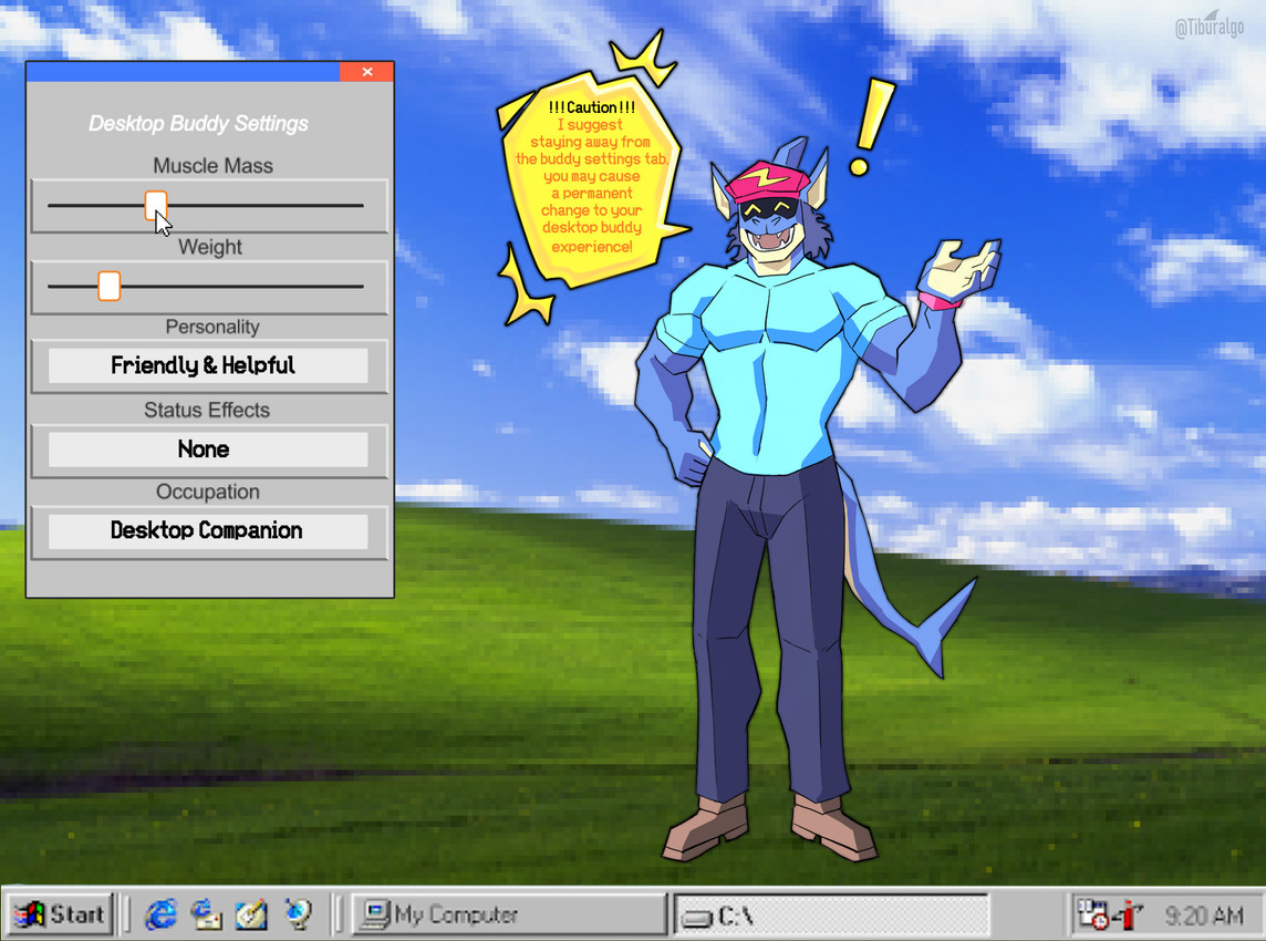 anthro black_clothing blue_body blue_clothing clothed clothing countershade_hands countershading desktop desktop_assistant desktop_wallpaper exclamation_point fully_clothed imminent_transformation male muscular muscular_anthro muscular_male permanent permanent_transformation polygonal_body retro retro_computer shark_fin shark_tail solo speech_bubble status_effect text transformation transformation_sequence transformation_through_technology user_avatar windows_logo tiburalgo microsoft microsoft_windows windows_xp tiburalgo_(character) bat fish hybrid mammal marine shark english_text hi_res