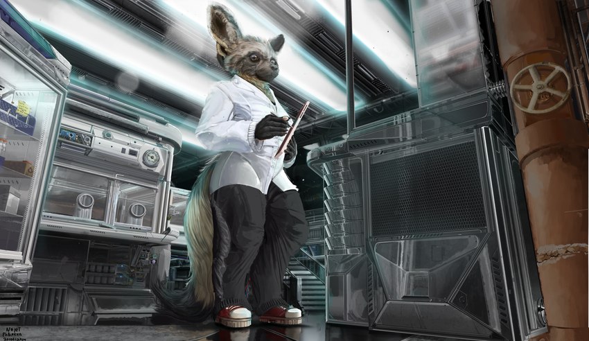 anthro appliance bottomwear clothing coat detailed_background female footwear for_science! fridge furniture kitchen_appliance lab_coat laboratory pants science shoes solo table tablet topwear noiet_phenkka bat-eared_fox canid canine fox mammal 3d_(artwork) absurd_res digital_media_(artwork) hi_res huge_filesize