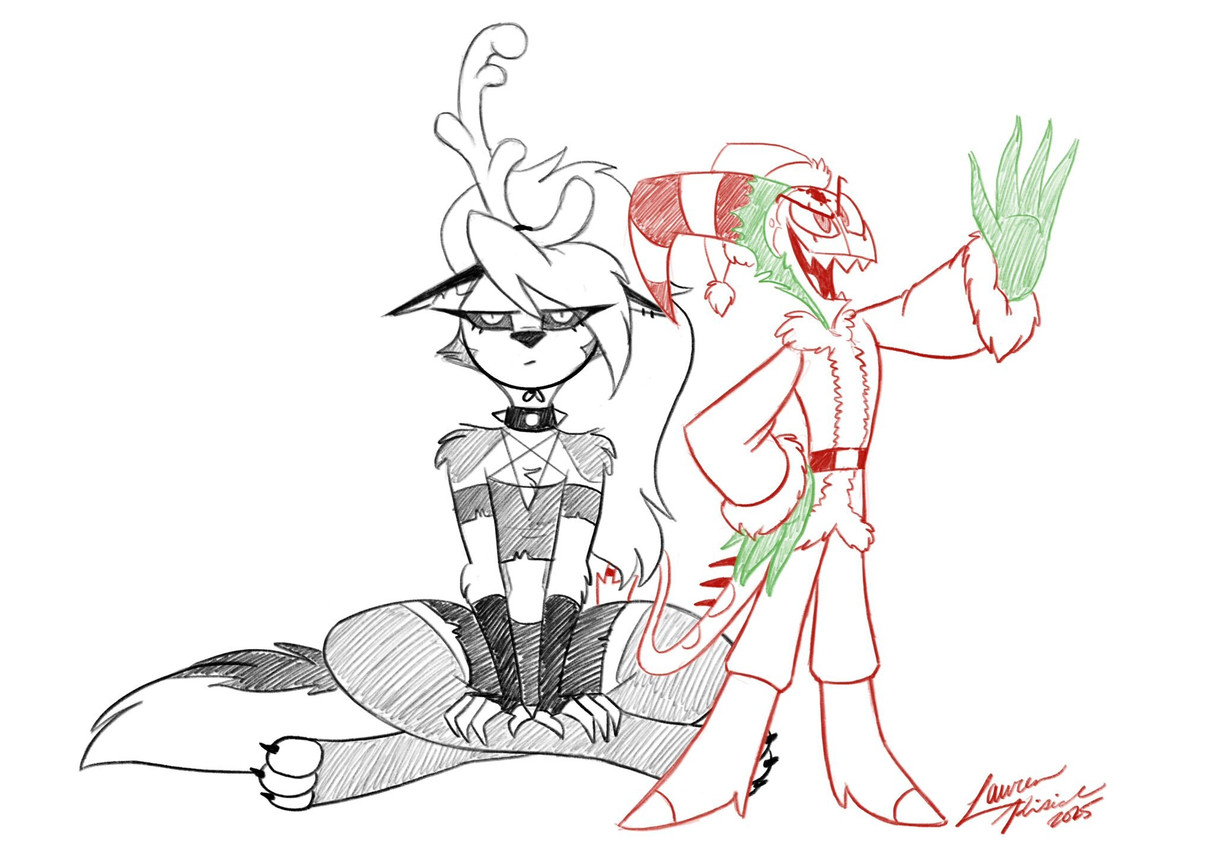 christmas_clothing christmas_headwear clothing costume crossed_legs fake_horns female grumpy hat headgear headwear holidays male planning santa_costume santa_hat scheming sitting smile unimpressed theabbeyroadie christmas hellaverse helluva_boss how_the_grinch_stole_christmas!_(1966) mythology blitzo_(helluva_boss) loona_(helluva_boss) canid canid_demon canine canis demon hellhound imp mammal mythological_canine mythological_creature wolf hi_res