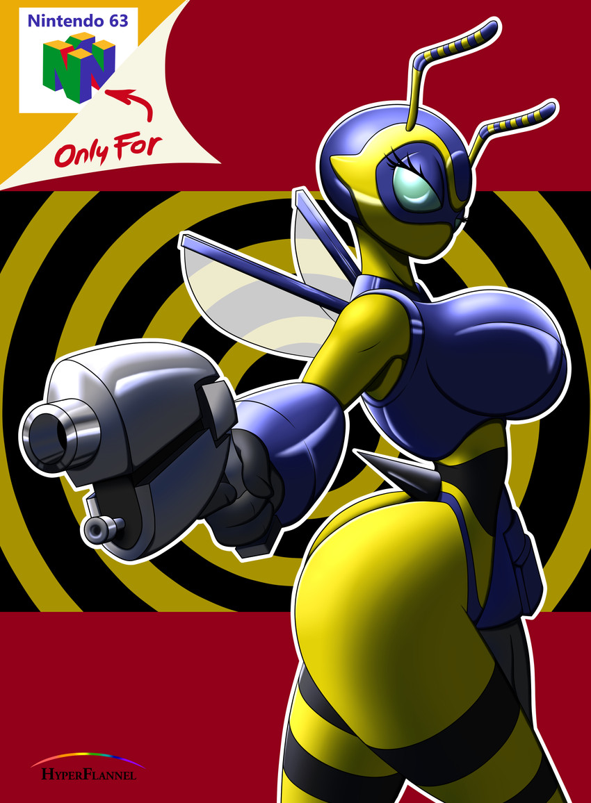 abstract_background antennae_(anatomy) anthro big_breasts black_background black_body black_skin blue_body blue_sclera blue_skin box_art breasts butt clothing crossgender female gun logo mtf_crossgender n64_logo no_pupils non-mammal_breasts ranged_weapon red_background simple_background solo spiral_background stinger stripes thong underwear weapon wings yellow_background yellow_body yellow_skin hyperflannel buck_bumble_(game) nintendo nintendo_64 ubisoft buck_bumble arthropod bee hymenopteran insect absurd_res cover hi_res video_game_cover