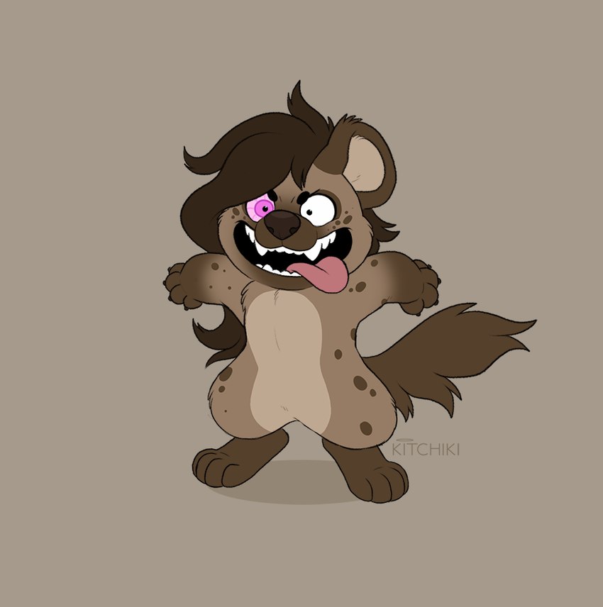 anthro bloodshot_eyes brown_hair crazy_eyes female hair markings solo spots spotted_body tongue tongue_out toothy_grin kitchiki awooga_(meme) disney pixar turning_red helena_(bonk6) hyena mammal spotted_hyena digital_media_(artwork)