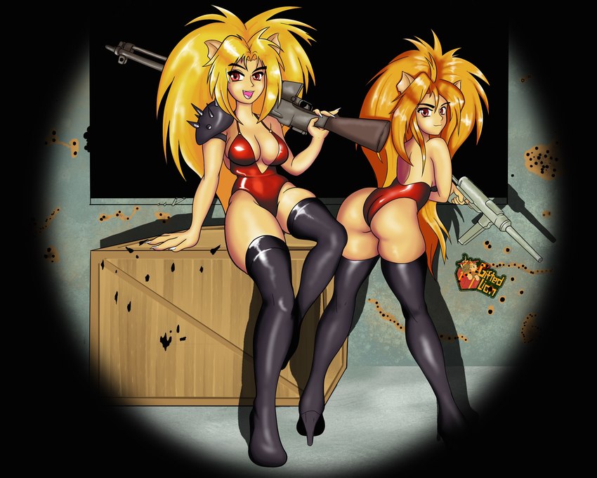 big_hair blonde_hair boots breasts butt cleavage clothed clothing crate duo female flashlight footwear gun hair high_heeled_boots high_heels legwear ranged_weapon shoes sten_gun thigh_boots thigh_highs weapon gifted-lion dominion_tank_police puma_sisters animal_humanoid humanoid puma_humanoid 5:4 absurd_res hi_res