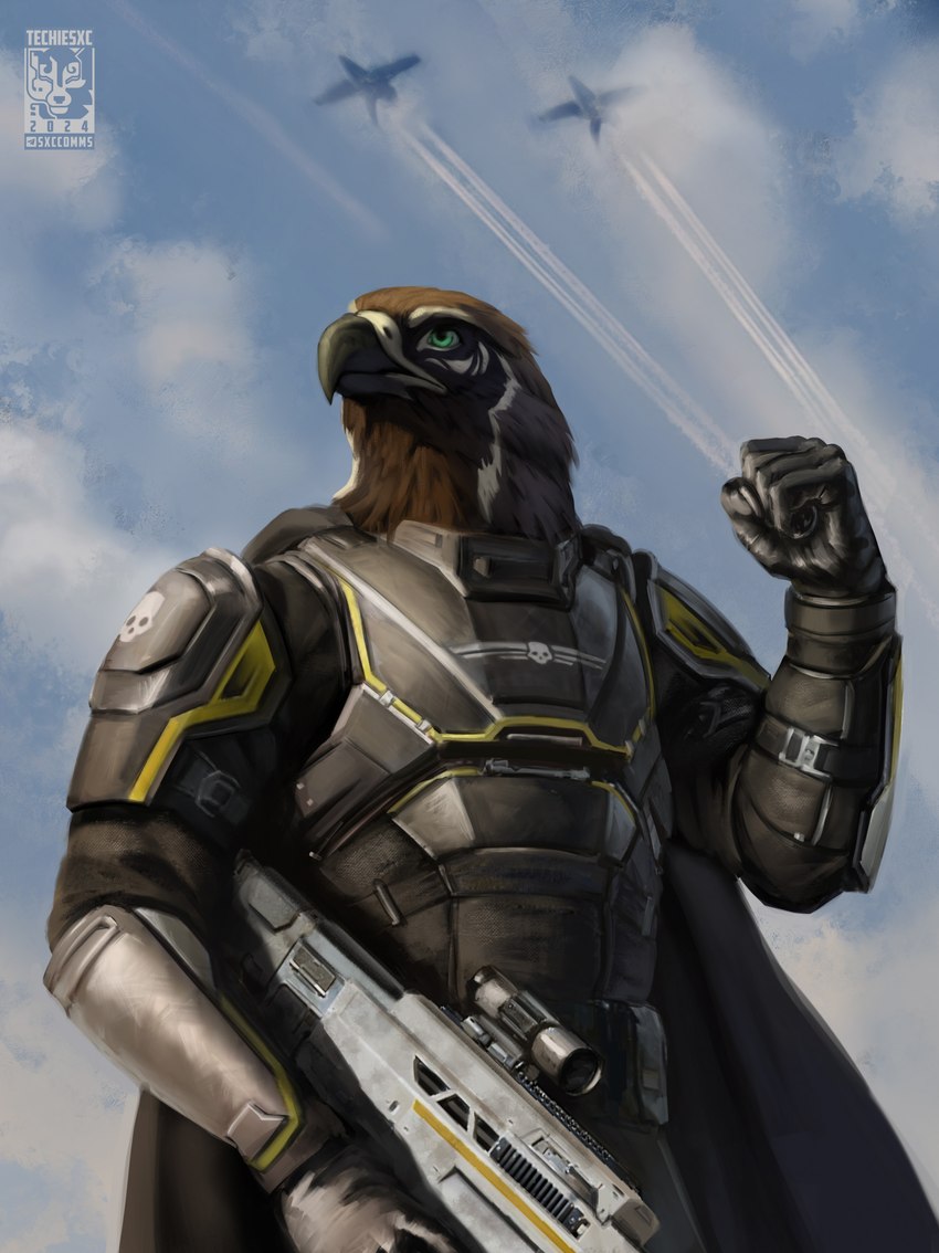 aircraft airplane anthro ar-23_liberator armor cape clothing cloud gesture gun jet male ranged_weapon rifle salute scope sky solo vehicle weapon techiesxc helldivers accipitrid accipitriform avian bird eagle digital_media_(artwork) hi_res painting_(artwork) portrait sketch