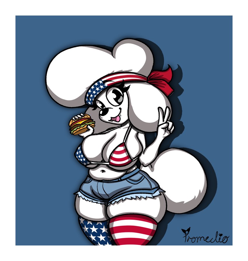 american_flag american_flag_bikini anthro belly bikini bikini_top bottomwear breasts burger cleavage clothed clothing denim denim_bottomwear denim_clothing denim_shorts female flag_bikini food fur gesture hand_gesture headgear headwear holding_burger holding_food holding_object holidays kerchief legwear open_mouth short_stack shorts skimpy skimpy_bikini skimpy_swimwear smile solo squish star_pattern star_polygon star_print string_bikini swimwear thick_thighs thigh_highs thigh_squish two-piece_swimsuit under_boob united_states_of_america v_sign white_body white_fur promedio 4th_of_july webby_(undurscore) canid canine canis domestic_dog mammal poodle hi_res