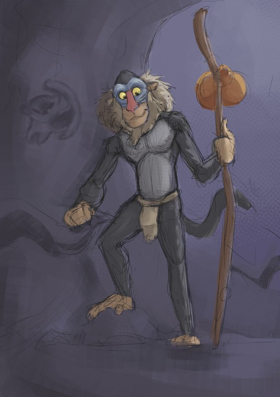 anthro bottomwear bulge clothing loincloth male solo unrealrui disney the_lion_king rafiki baboon haplorhine mammal mandrill monkey old_world_monkey primate absurd_res hi_res sketch