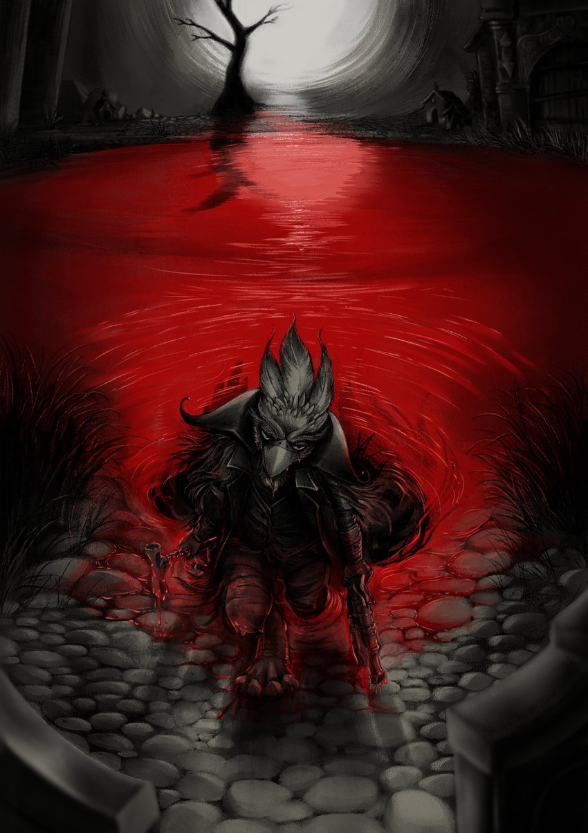 anthro blood bodily_fluids exhausted full_moon male melee_weapon moon ranged_weapon weapon phathusa bloodborne fromsoftware sony_corporation sony_interactive_entertainment the_hunter_(bloodborne) avian bird absurd_res hi_res red_theme