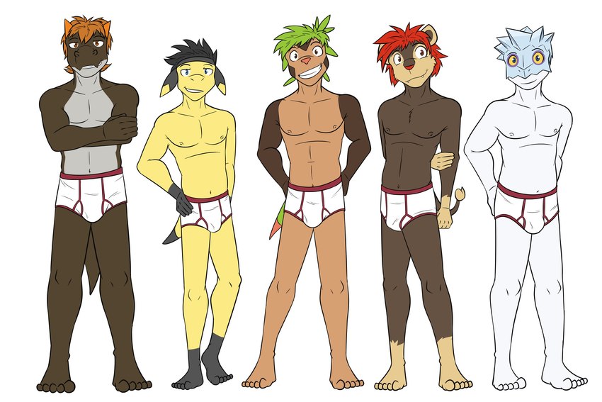 anthro anthrofied briefs briefs_only bulge clothed clothing colored_seam_underwear crossed_arms group male navel nipples pokemorph red_seam_briefs red_seam_underwear topless underwear underwear_only white_briefs white_clothing white_underwear fuze nintendo pokemon cid_(fuze) cliff_(fuze) bergmite chespin fossil_pokemon generation_6_pokemon helioptile litleo pokemon_(species) tyrunt 3:2 hi_res