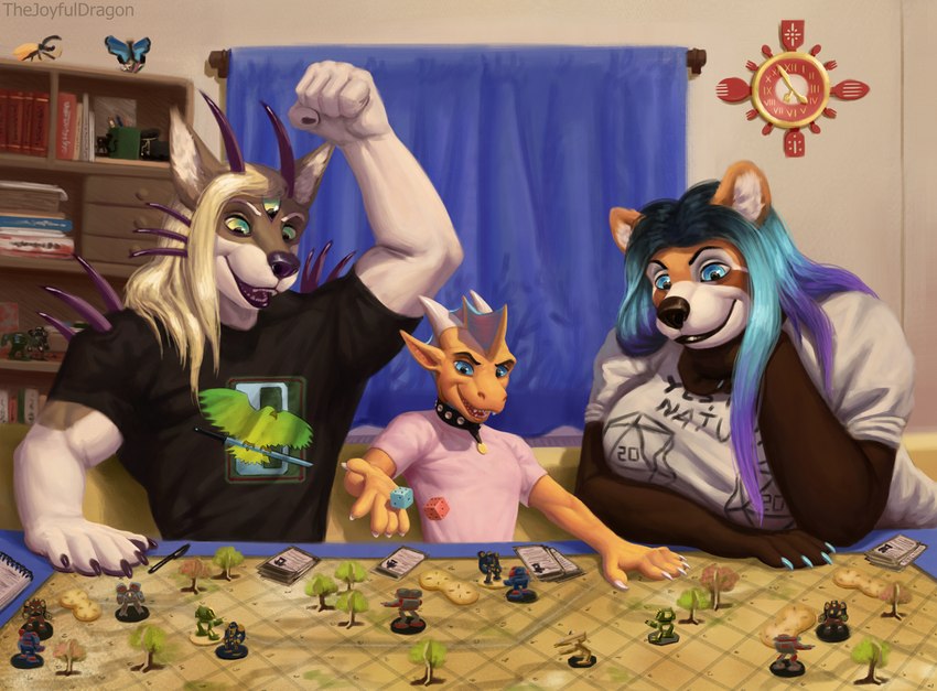 anthro azrubekt board_game clothing collar dice female group male trio thejoyfuldragon ailurid canid canine canis kobold mammal red_panda scalie wolf