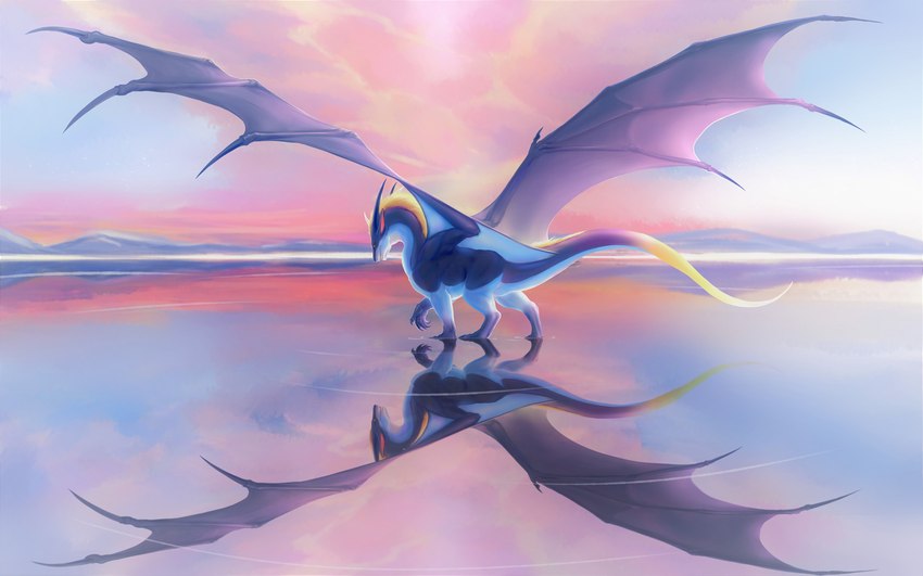 feral ice lake leg_markings markings membrane_(anatomy) membranous_wings outside peaceful quadruped raining reflection serene side_view socks_(marking) solo spread_wings sunrise tail walking wings melvilleicicle mythology teryx teryx_commodore dragon mythological_creature mythological_scalie scalie 16:10 digital_media_(artwork) digital_painting_(artwork) full-length_portrait hi_res portrait restricted_palette widescreen