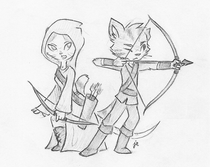 anthro arrow_(weapon) belt biped boots bow_(weapon) clothed clothing duo female footwear fully_clothed hairless hood male one_eye_closed quiver_(object) ranged_weapon robe sash shoes simple_background weapon whiskers white_background swiftcutter amunet iestyn domestic_cat felid feline felis hairless_cat mammal sphynx_(cat) tabby_cat 2012 graphite_(artwork) traditional_media_(artwork)