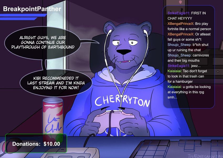 anthro beverage beverage_can black_body black_fur blue_clothing blue_hoodie blue_topwear camera_view chair chat chat_box clothed clothing computer_keyboard computer_mouse controller cord dialogue drawer earbuds electronics fur furniture game_console game_controller gaming headphones holding_controller holding_game_controller holding_object hoodie keyboard livestream looking_at_viewer male melanistic monotone_earbuds monotone_headphones mouse_pad nintendo_console nintendo_controller playing_video_game retro_console retro_controller sitting smile solo speech_bubble super_famicom_console super_famicom_controller table text topwear white_earbuds white_headphones wired_controller wired_headphones wired_mouse that1greenbro beastars nintendo super_famicom super_nintendo twitch.tv tao_(beastars) felid mammal pantherine english_text hi_res