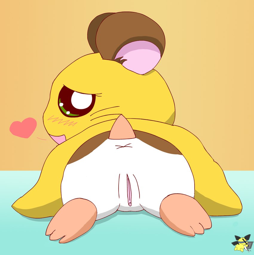 anus bedding blanket blush brown_body brown_fur butt female feral fur genitals green_eyes heart_symbol logo looking_at_viewer looking_back looking_back_at_viewer lying on_front presenting presenting_hindquarters presenting_pussy pussy solo white_body white_fur x_anus pichu90 hamtaro_(series) penelope_(hamtaro) cricetid hamster mammal rodent 2024 artist_logo