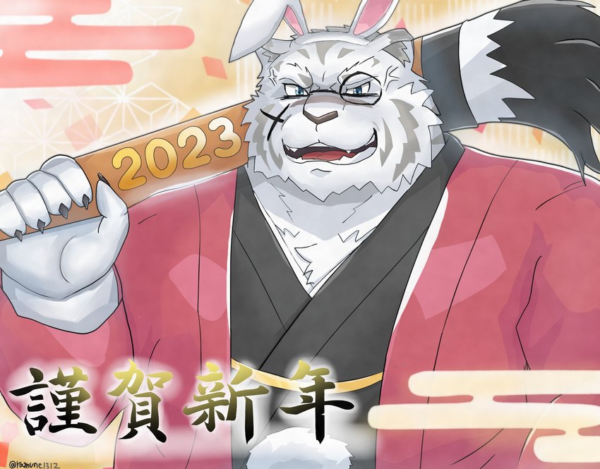 5_fingers anthro asian_clothing blue_eyes bodypaint cjk_character clothing east_asian_clothing face_paint fake_ears fake_rabbit_ears fake_smile fingers fur holidays japanese_clothing kimono male smile smiling_at_viewer solo white_body white_fur writing_brush ramune1312 grimoire_of_zero new_year mercenary_(grimoire_of_zero) felid mammal pantherine tiger 2023 hi_res