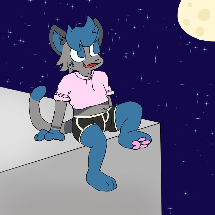 anthro black_nose blue_body blue_eyes blue_fur blue_inner_ear blue_legs bottomwear cheek_spots clothed clothing crop_top cropped_jacket feet fur grey_body grey_ear grey_fur hair hotpants male open_mouth pawpads paws pink_pawpads shirt shorts smile solo tail toes topwear tuft maxcatuwu maxie_(maxcatuwu) domestic_cat felid feline felis mammal 1:1 absurd_res digital_media_(artwork) hi_res