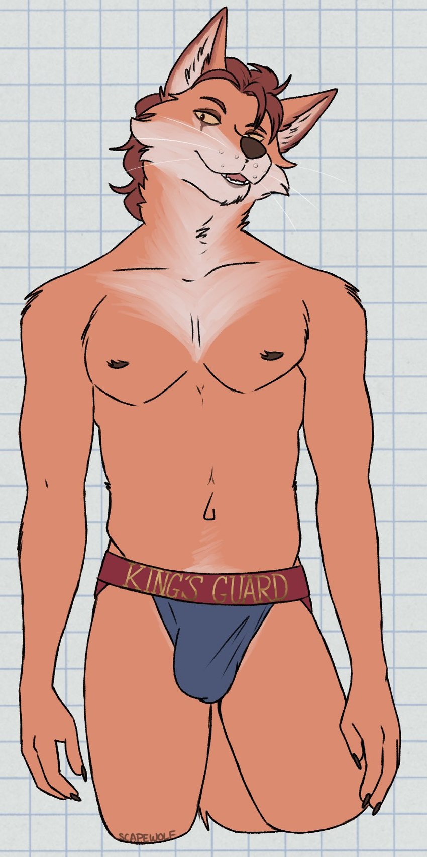 anthro athletic athletic_anthro athletic_male biped black_claws black_eyes blue_clothing blue_underwear body_hair brown_nipples bulge checkered checkered_background claws clothed clothing eye_markings eyebrows fur hair happy_trail head_tilt inner_ear_fluff jockstrap jockstrap_only looking_aside male male_anthro markings multicolored_body multicolored_clothing multicolored_underwear navel nipples orange_body orange_fur partially_clothed partially_clothed_male pattern_background red_eyebrows red_hair simple_background slim solo standing tan_body tan_fur topless tuft underwear underwear_only whiskers white_background white_inner_ear_fluff yellow_sclera unsafescapewolf kingsguard koshiro_(kingsguard) canid canine fox mammal 2024 digital_drawing_(artwork) digital_media_(artwork) hi_res portrait three-quarter_portrait