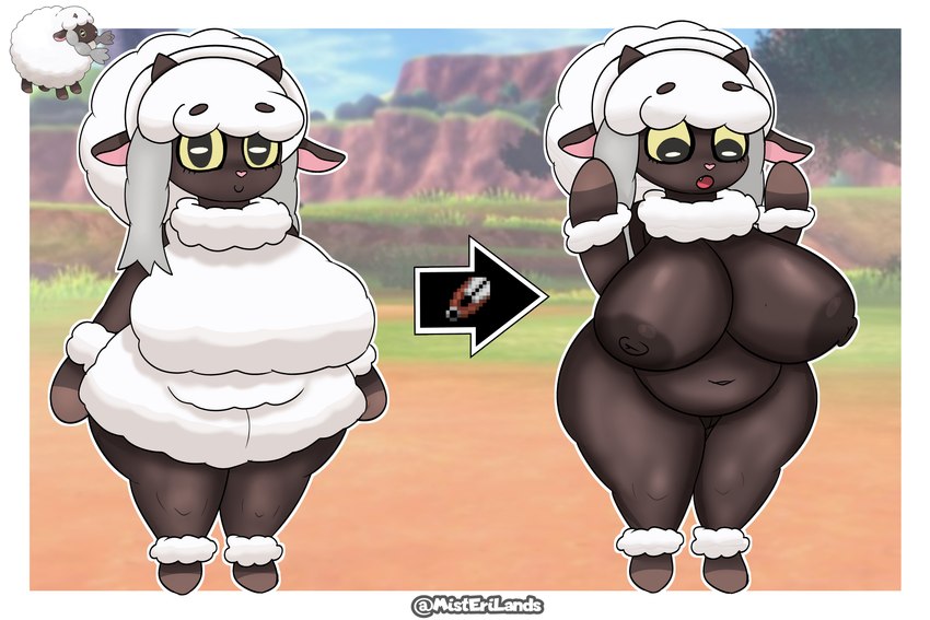 anthro areola big_breasts black_areola black_nipples breasts eyelashes female floppy_ears foot_tuft fur genitals green_sclera grey_body grey_eyes grey_fur grey_horn hand_tuft heart_nose heart_symbol hooves horizontal_pupils horn huge_breasts looking_at_viewer lop_ears navel neck_tuft nipples open_mouth pink_nose pupils pussy shearing short_stack slightly_chubby slightly_chubby_anthro slightly_chubby_female smile snaggle_tooth solo thick_thighs tuft white_body white_fur wide_hips misterilands nintendo pokemon generation_8_pokemon pokemon_(species) wooloo 3:2 absurd_res hi_res