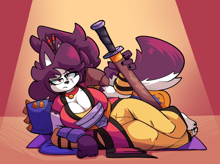 anthro armwear barefoot big_breasts black_nose bottomwear breasts brown_hair cleavage clothed clothed_anthro clothed_female clothing collar eye_scar facial_scar feet female female_anthro fingers fluffy fluffy_tail front_view frown fur hair heterochromia holding_melee_weapon holding_object holding_sword holding_weapon lying melee_weapon mouth_closed multicolored_body multicolored_fur on_side pants red_clothing red_topwear scar solo sword tail tied_hair topwear two_tone_body two_tone_fur two_tone_tail weapon white_body white_fur yellow_bottomwear yellow_clothing yellow_pants cloudidoodles kita_(cloudidoodles) canid canine canis jackal mammal 2022 absurd_res digital_drawing_(artwork) digital_media_(artwork) full-length_portrait hi_res portrait