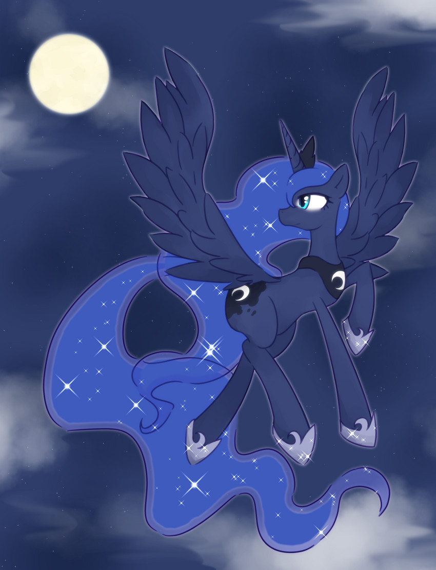 blue_eyes blue_hair cloud cutie_mark feathered_wings feathers female feral flying full_moon hair horn long_hair moon night solo sparkles wings akainu7 friendship_is_magic hasbro my_little_pony mythology princess_luna_(mlp) equid equine mammal mythological_creature mythological_equine winged_unicorn 2016 absurd_res hi_res