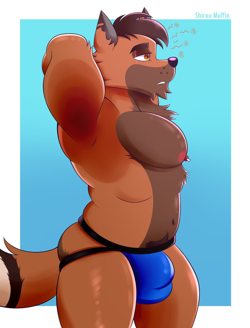 anthro areola balls_outline barazoku biped blue_clothing blue_jockstrap blue_underwear brown_body brown_eyes brown_fur brown_hair bulge clothed clothed_anthro clothed_male clothing dazed detailed_bulge eyebrows fur genital_outline hair hands_behind_head jockstrap jockstrap_only male multicolored_body multicolored_fur musclegut muscular navel nipples pecs pubes raised_arms short_hair side_view simple_background skimpy solo standing tail tight_underwear topless topless_anthro topless_male underwear underwear_only shirou_muffin erickcrossfox canid canine fox mammal 2023 absurd_res artist_name hi_res portrait three-quarter_portrait