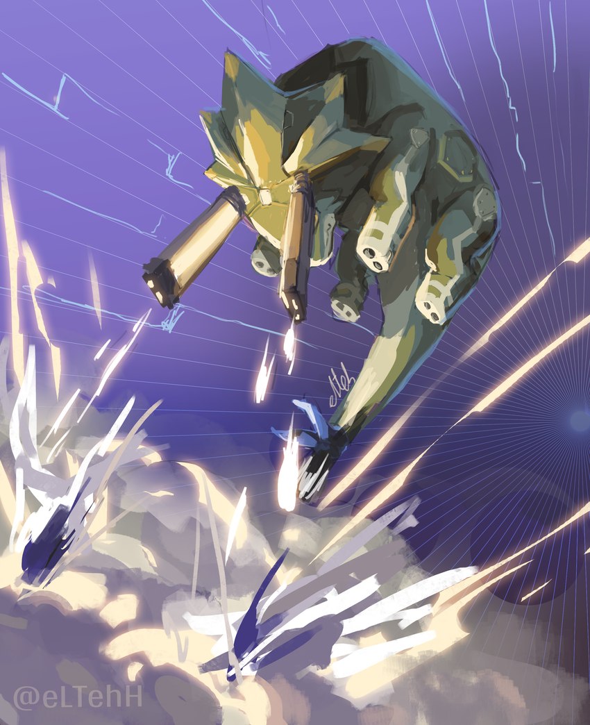 abstract_background ambiguous_gender arm_cannon feral green_body gun_arm male quadruped railgun ranged_weapon shooting solo weapon yellow_eyes eltehh bandai_namco digimon digimon_ghost_game ceratopsian digimon_(species) dinosaur ornithischian prehistoric_species reptile scalie triceratops wezengammamon absurd_res hi_res signature