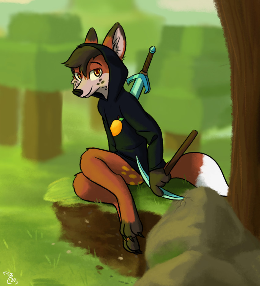 anthro barefoot bottomless brown_body brown_fur clothed clothing detailed_background diamond_(gem) diamond_pickaxe diamond_sword dipstick_ears dipstick_tail ear_markings feet fur gem holding_object holding_tool hoodie inner_ear_fluff looking_at_viewer male markings melee_weapon multicolored_ears multicolored_tail outside pickaxe plant rock sitting smile solo spots spotted_body spotted_fur sword tail tail_markings tools topwear tree tuft weapon white_body white_fur theblueberrycarrots microsoft minecraft mojang xbox_game_studios canid canine fox mammal 2020 digital_media_(artwork)