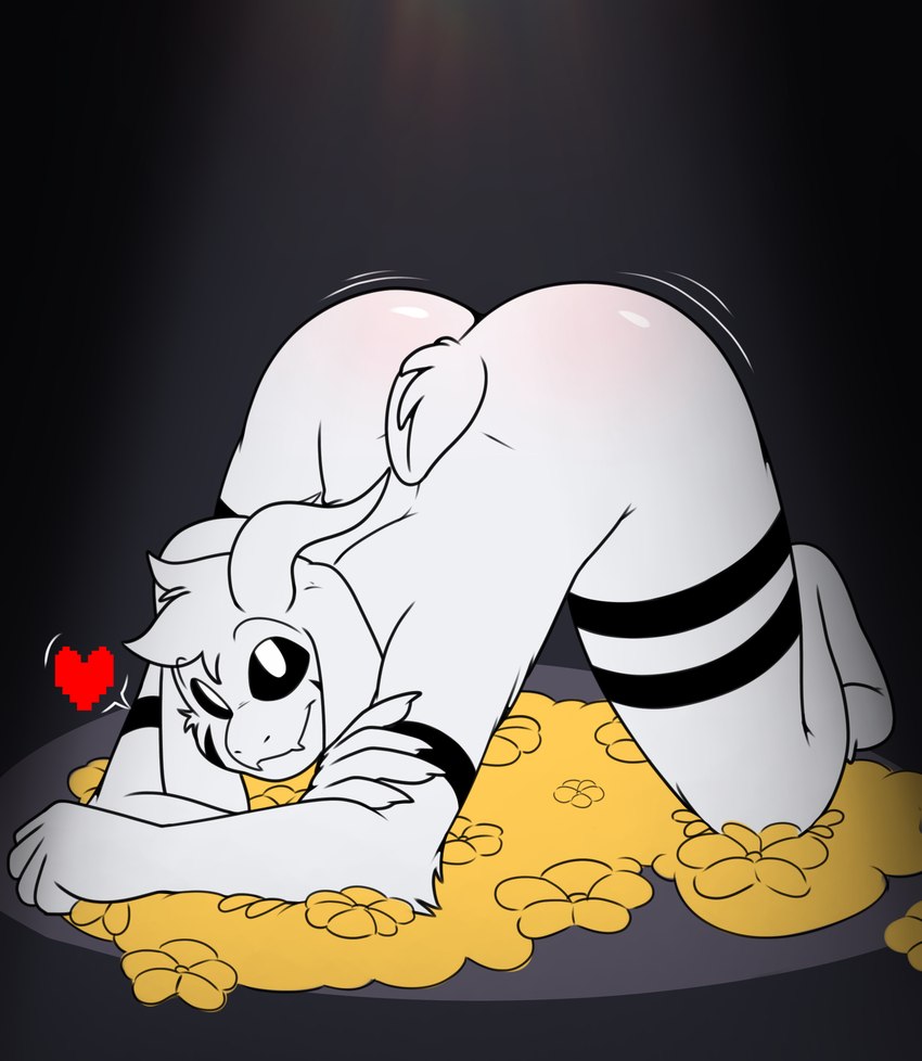 anthro ass_up big_butt butt femboy flower fur horn looking_at_viewer male nude plant seductive simple_background smile solo tail text white_body white_fur larabnuy undertale undertale_(series) asriel_dreemurr_(god_form) boss_monster_(undertale) artist_name digital_media_(artwork) hi_res