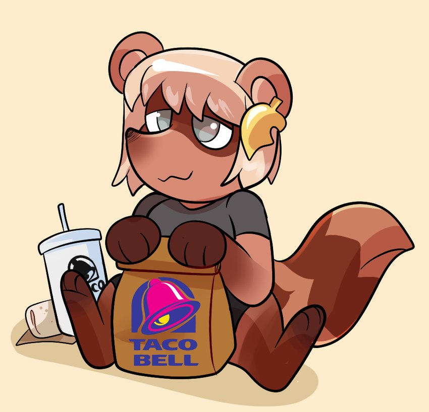 accessory anthro burrito chibi clothed clothing female food hair_accessory hairpin napkin soft_drink solo rindeadsong taco_bell taki_(taliyeh) canid canine mammal raccoon_dog tanuki